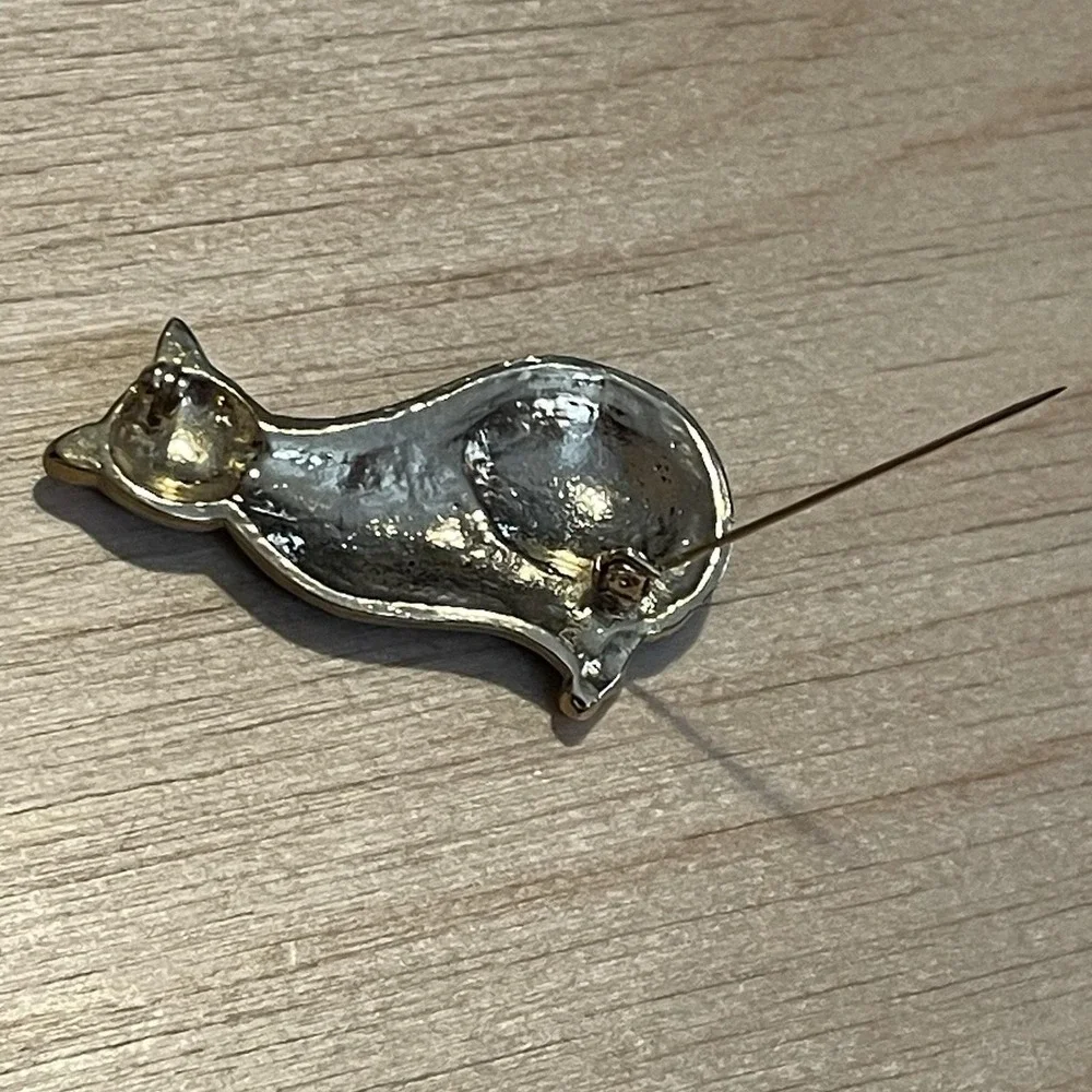 Vintage 1990s Black Cat Metal Enamel Brooch Gold Tone Kitten Pin